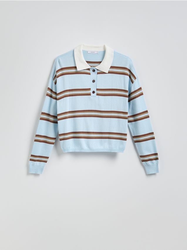Reserved - Sweter polo w paski - jasnoniebieski