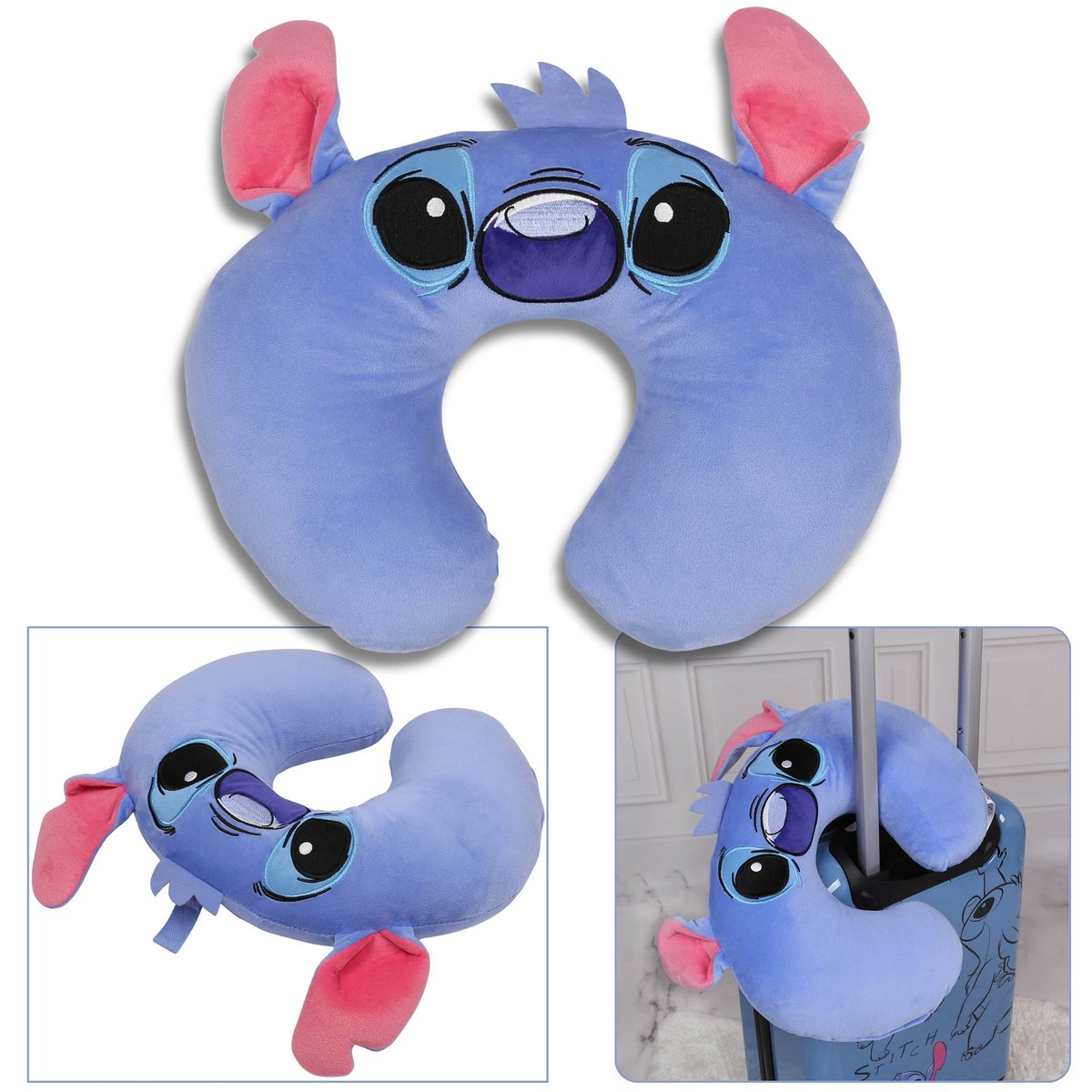 Disney Stitch Poduszka podróżna, turystyczna rogal na szyje z uszami niebieska, miękka 32x30 cm