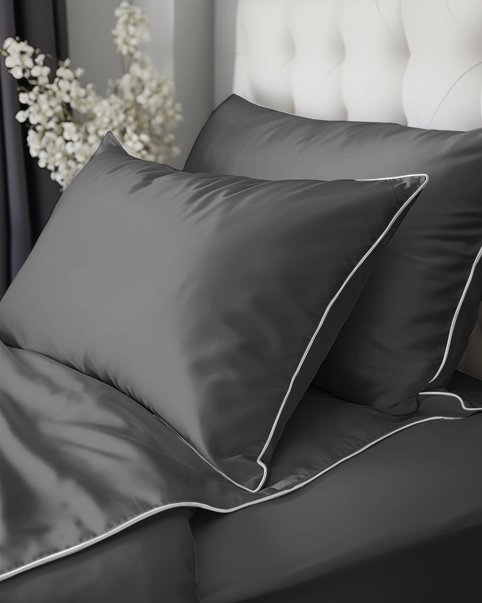 Szara Pościel Z Makosatyny Z Ozdobną Lamówką 180x200 BIZA