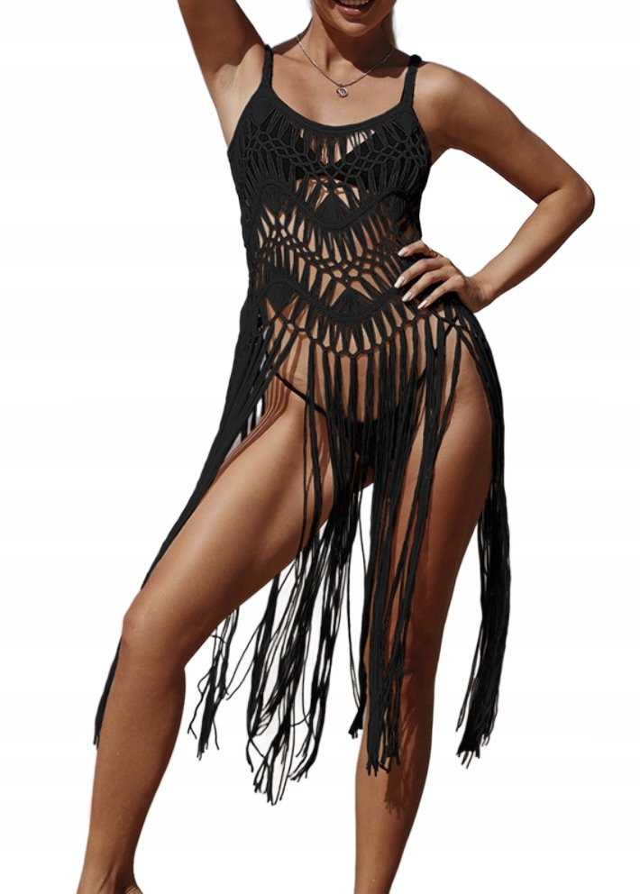 NARZUTKA PLAŻOWA Z FRĘDZLAMI CZARNA NA LATO