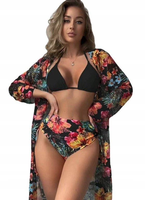 STRÓJ KĄPIELOWY BIKINI KIMONO KWIATY CZARNY M
