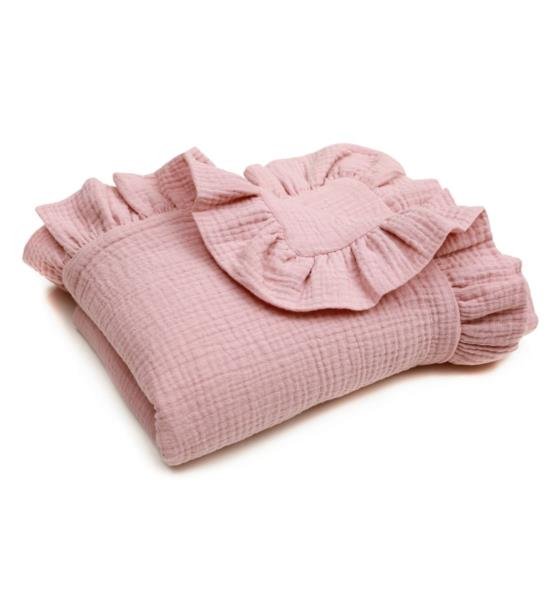 Kocyk Muślinowy 90x120 cm Różowy z falbankami dwuw