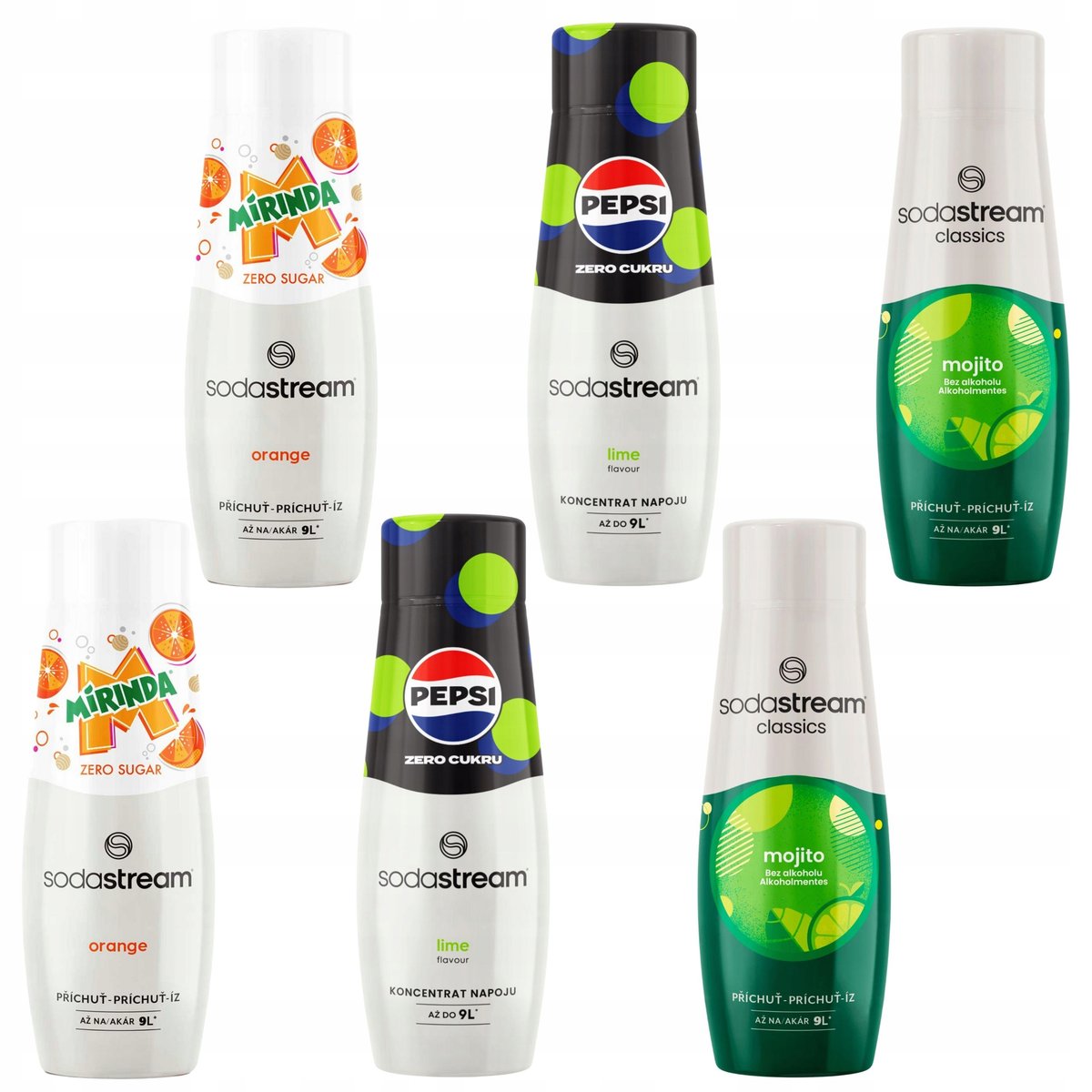 ZESTAW SYROPÓW SODASTREAM 2x PEPSI MAX LIME, 2x MIRINDA ZERO, 2x MOJITO