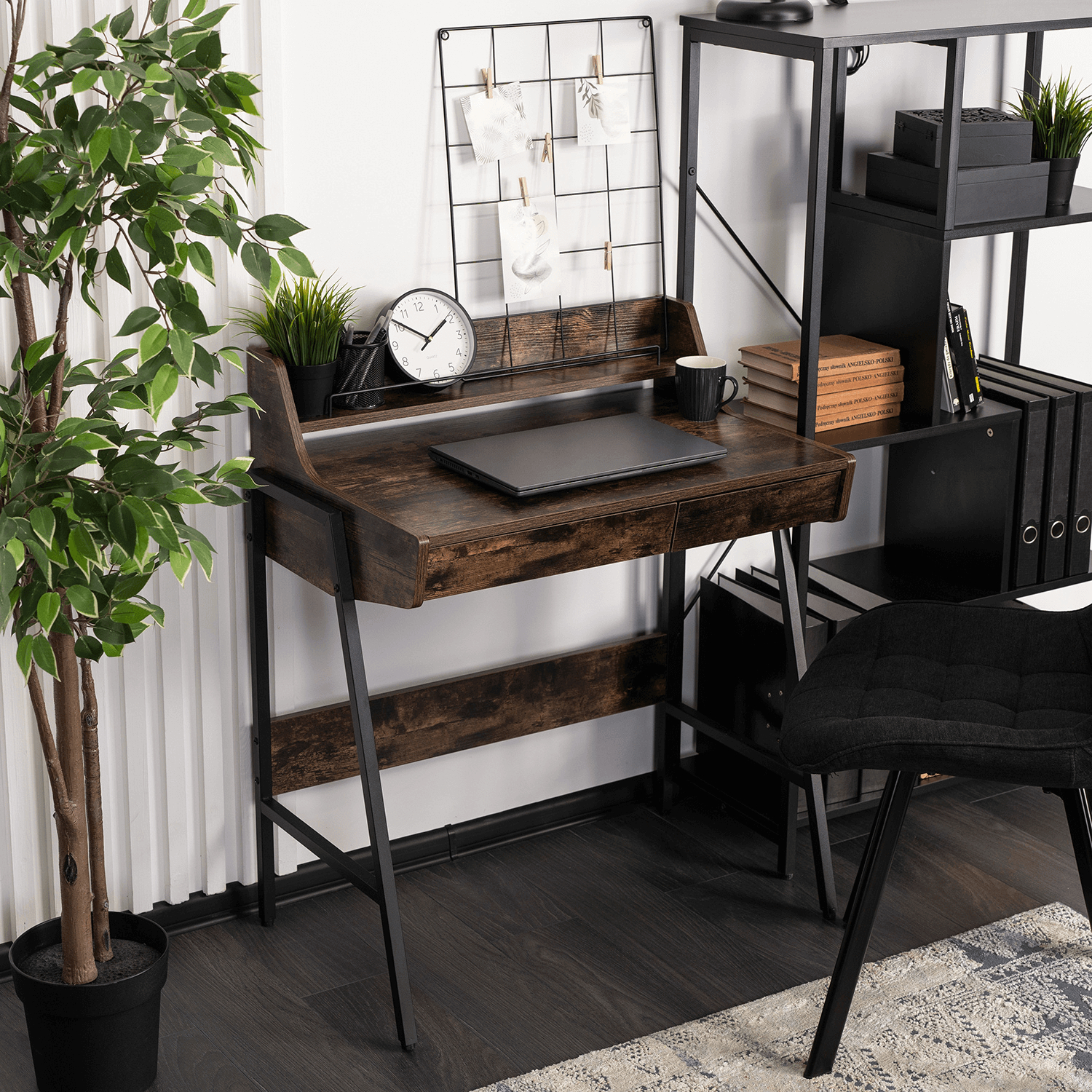 Małe Loftowe Biurko z Szufladami PERI 77 cm Dąb Rustykalny/Czarne Nowoczesne