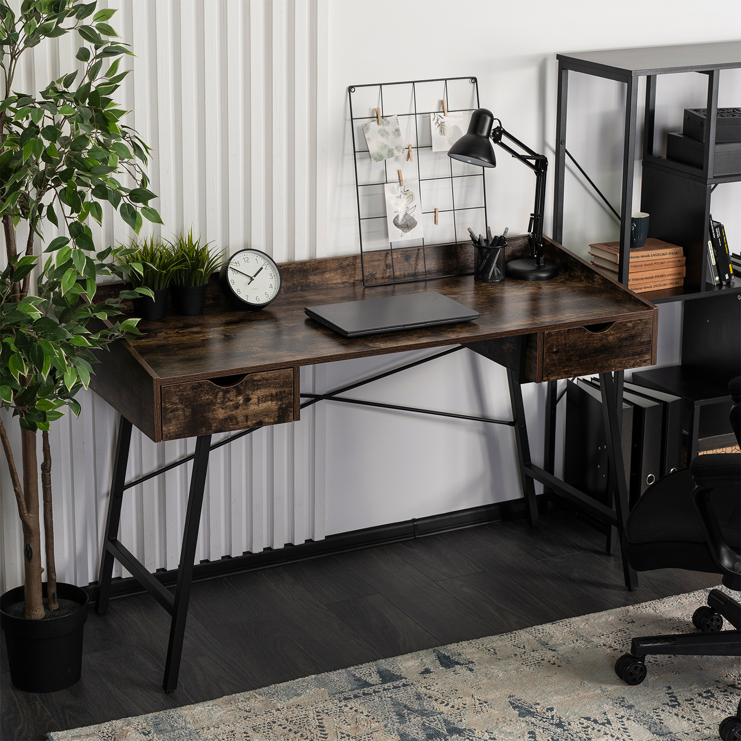 Biurko z Szufladami w Stylu Loftowym ICE 133 cm Dąb Rustykalny/Czarne Loft
