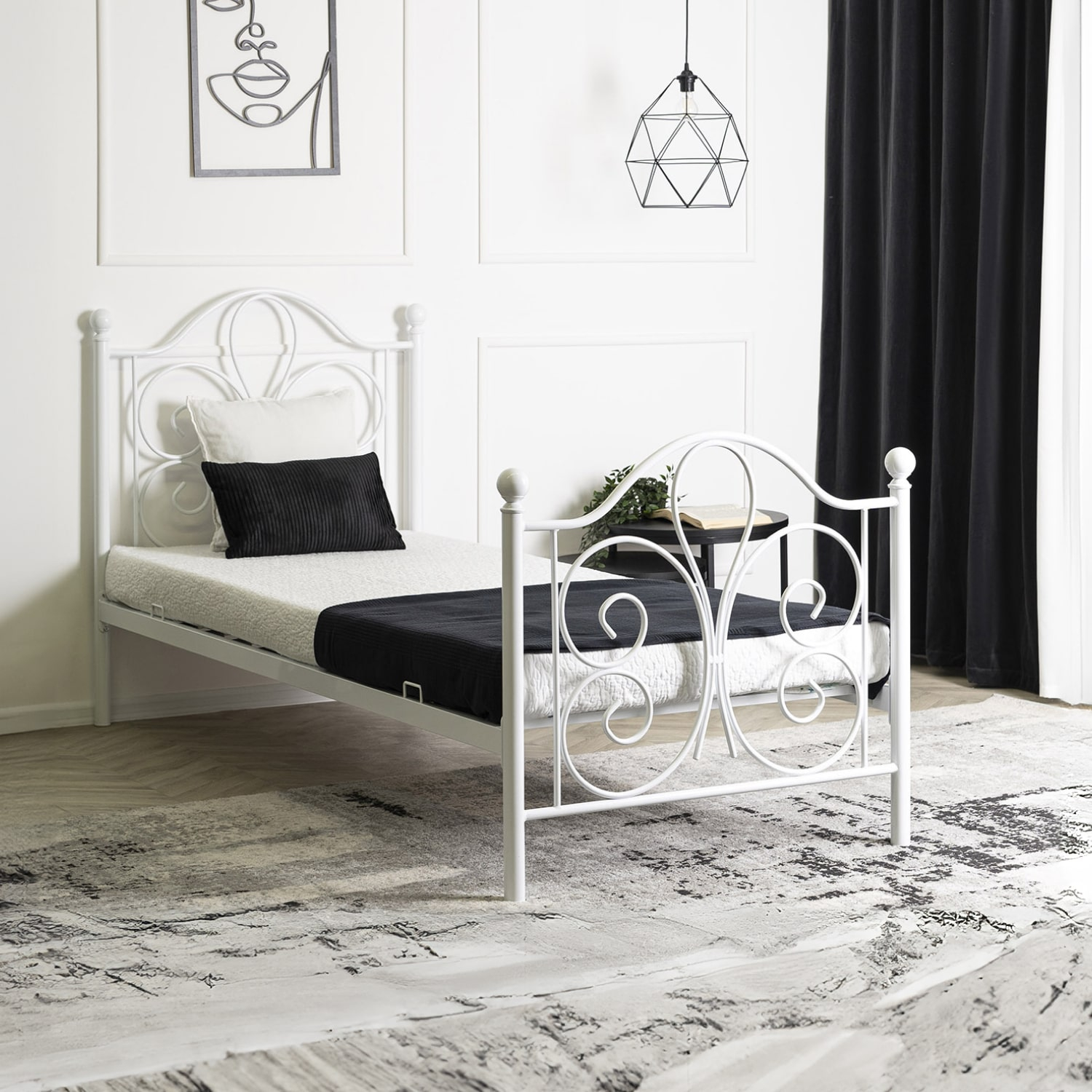 Łóżko Metalowe 90x200 cm ze Stelażem Jednoosobowe LORDI Białe