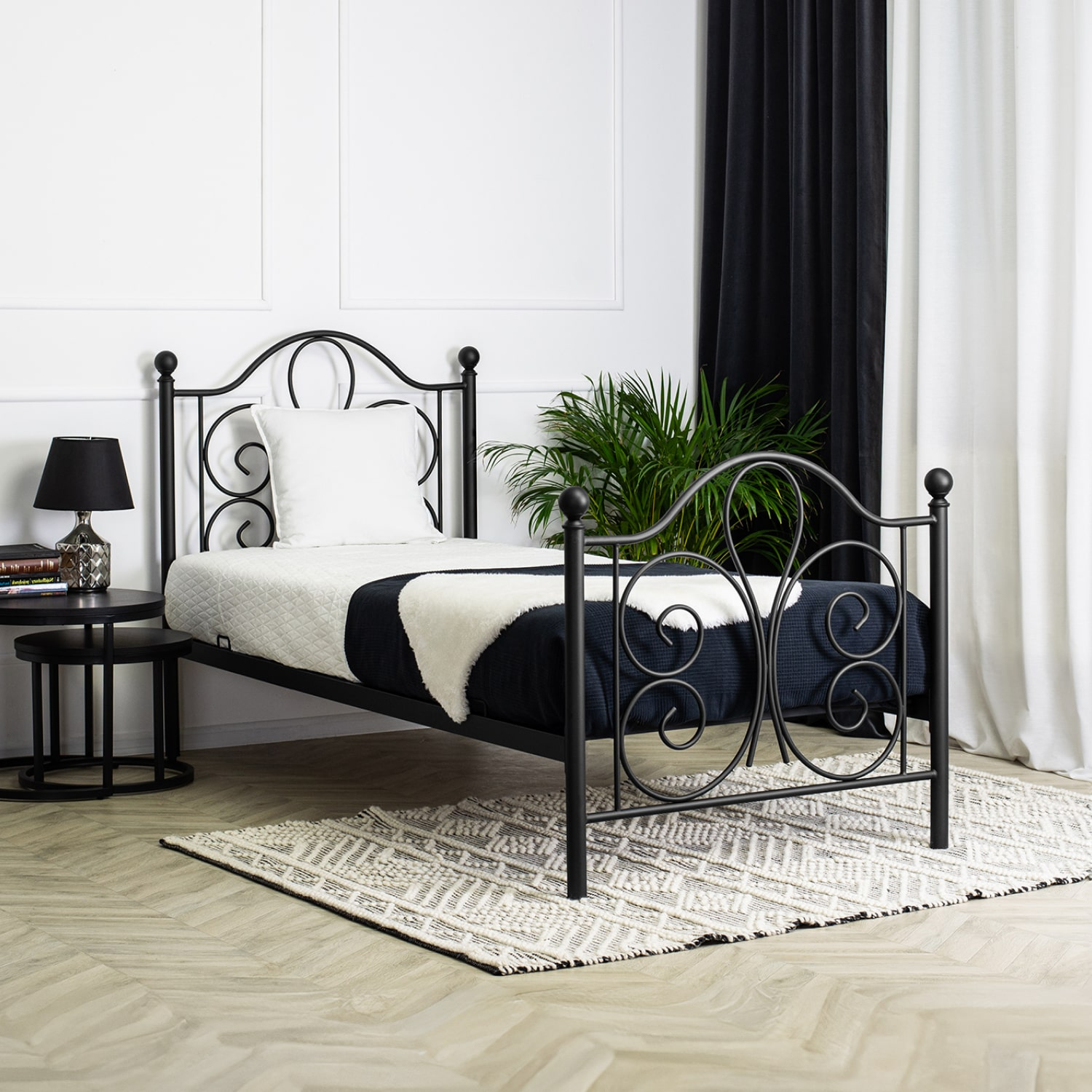 Łóżko Metalowe 90x200 cm ze Stelażem Jednoosobowe LORDI Czarne