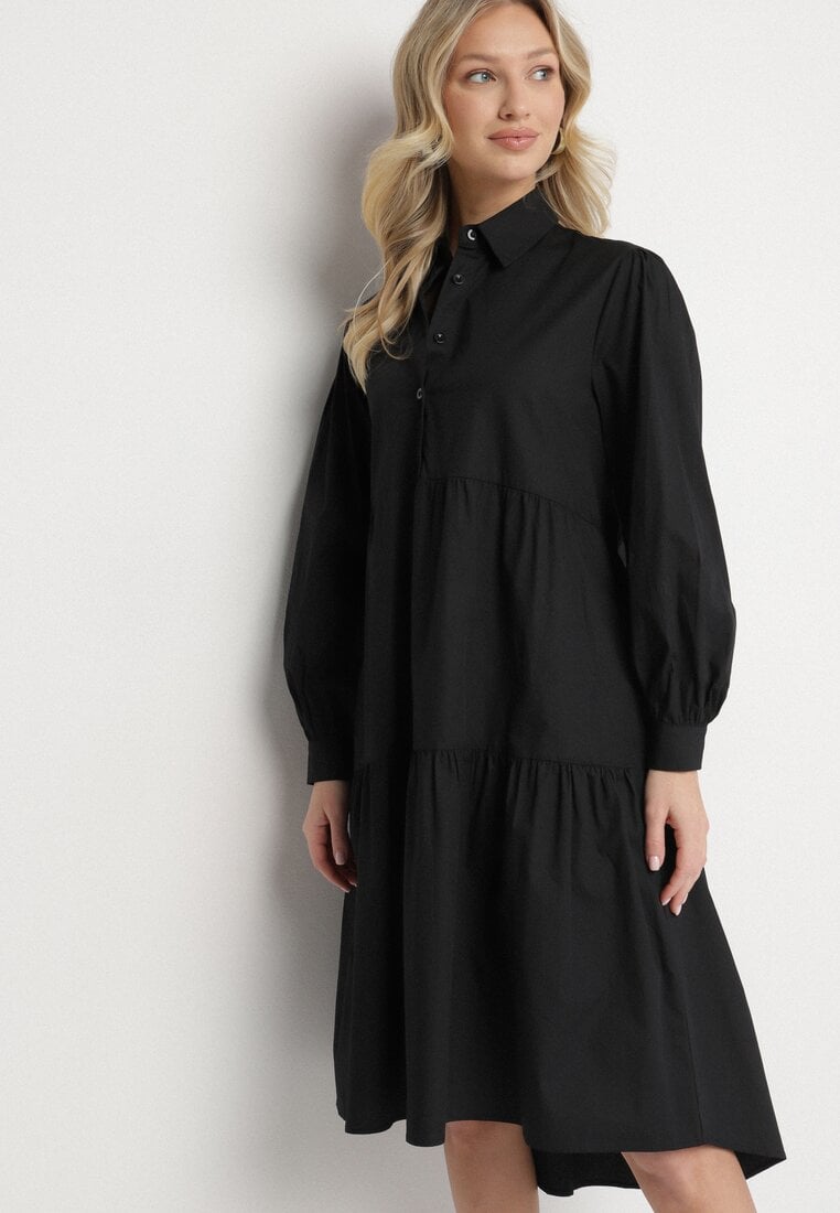 Czarna Bawełniana Sukienka Koszulowa o Rozkloszowanym Kroju Olenias