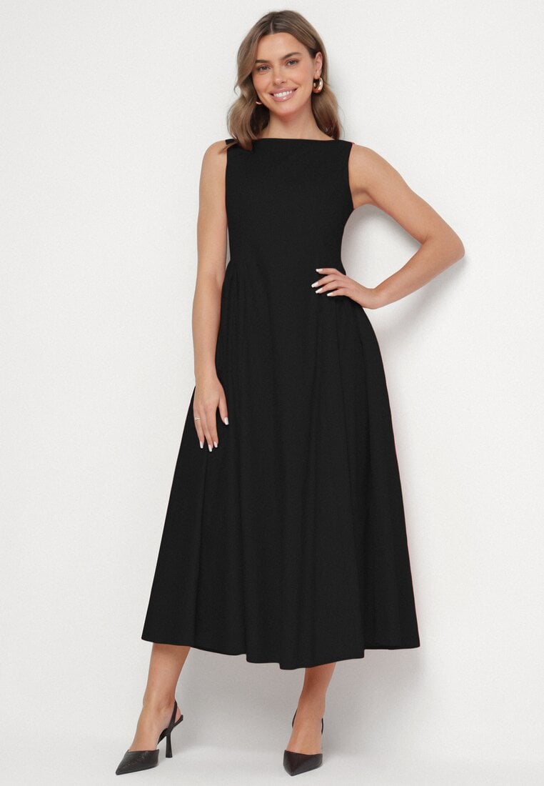 Czarna Sukienka Bawełniana o Rozkloszowanym Fasonie z Dekoltem Łódką i Kieszeniami Elenira
