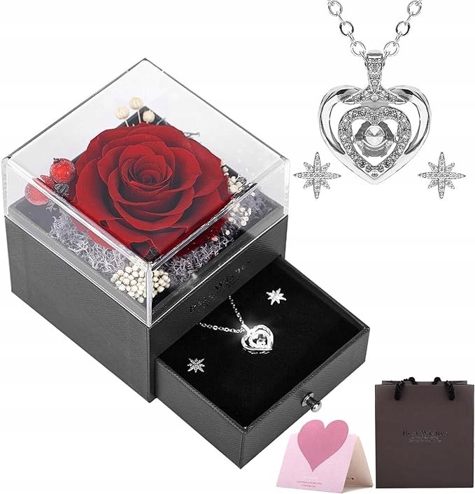 WIECZNA RÓŻA ELEGANCKIE EKSKLUZYWNE PUDEŁKO PREZENTOWE+NASZYJNIK I KOLCZYKI