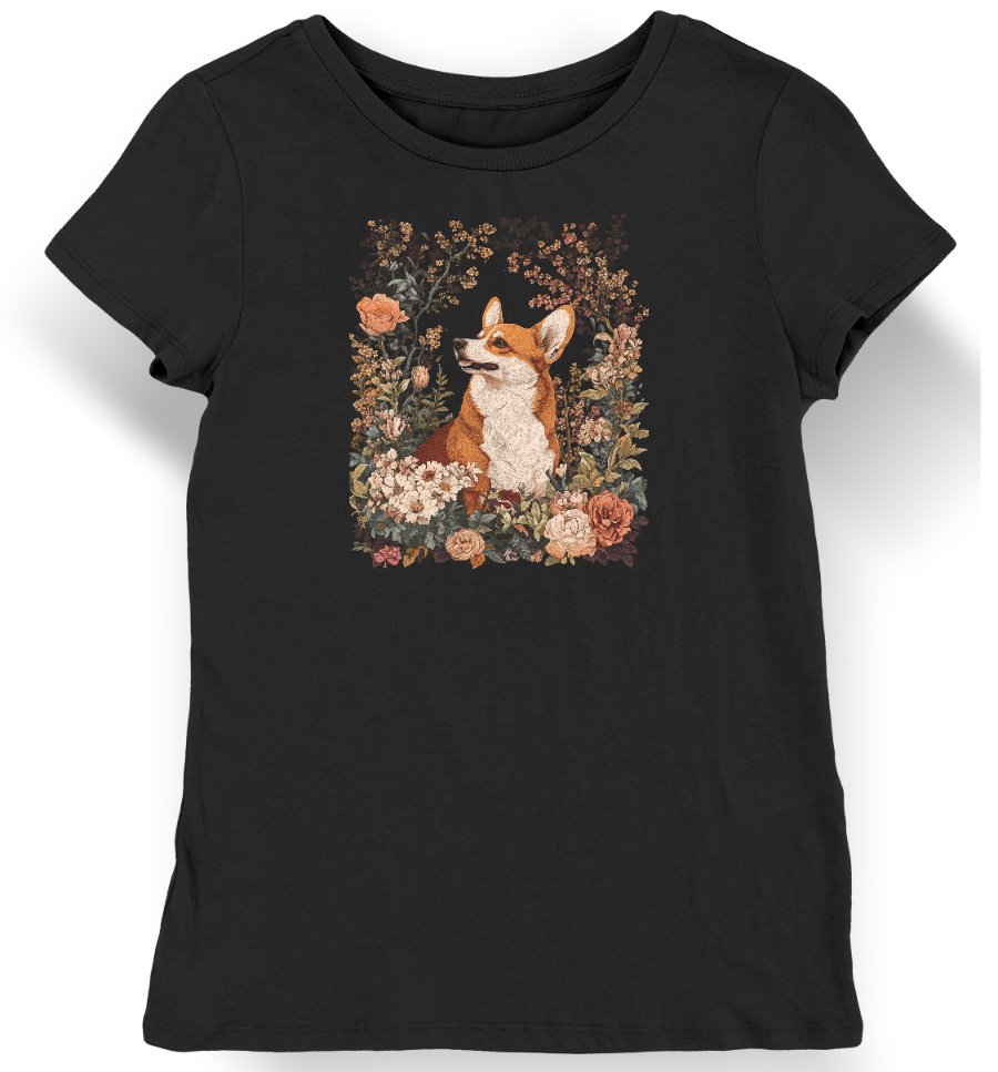 Koszulka damska vintage corgi w kwiatach czarna L