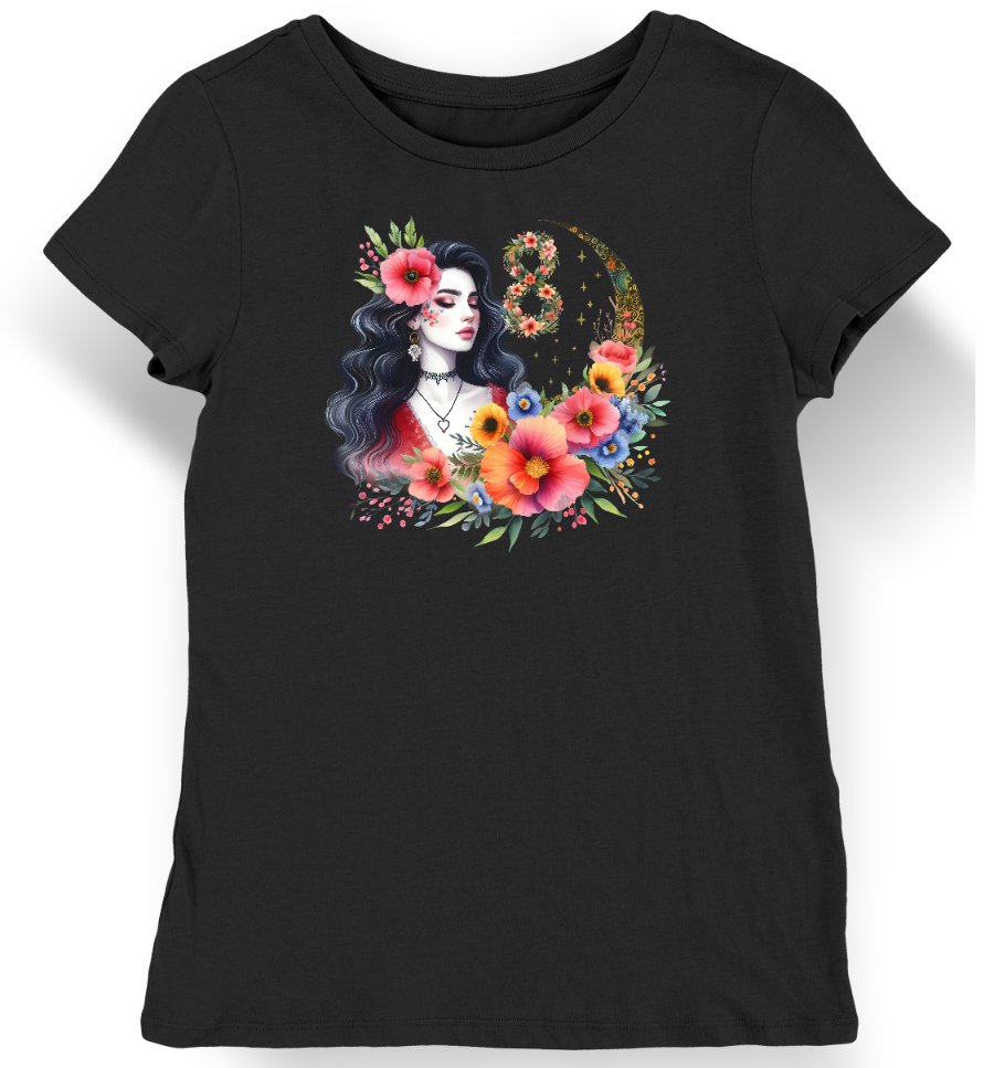 Koszulka damska na dzień kobiet kwiaty księżyc czarna S