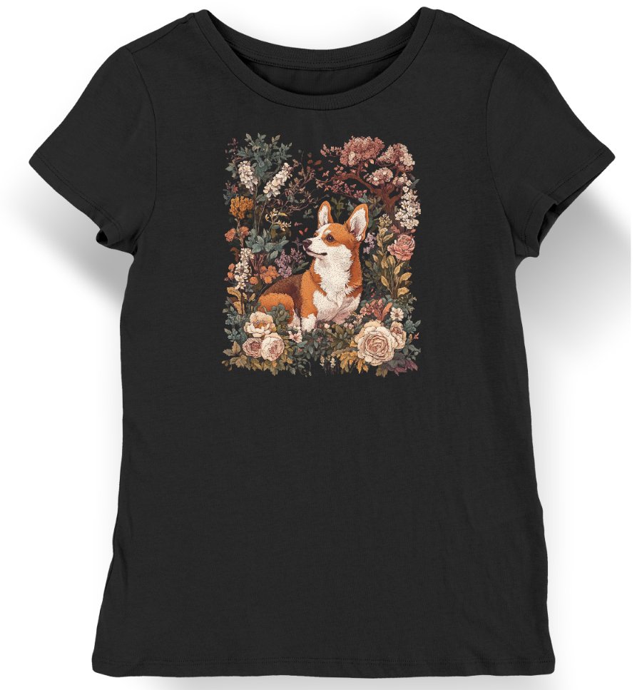 Koszulka damska vintage corgi kwiaty czarna XXL