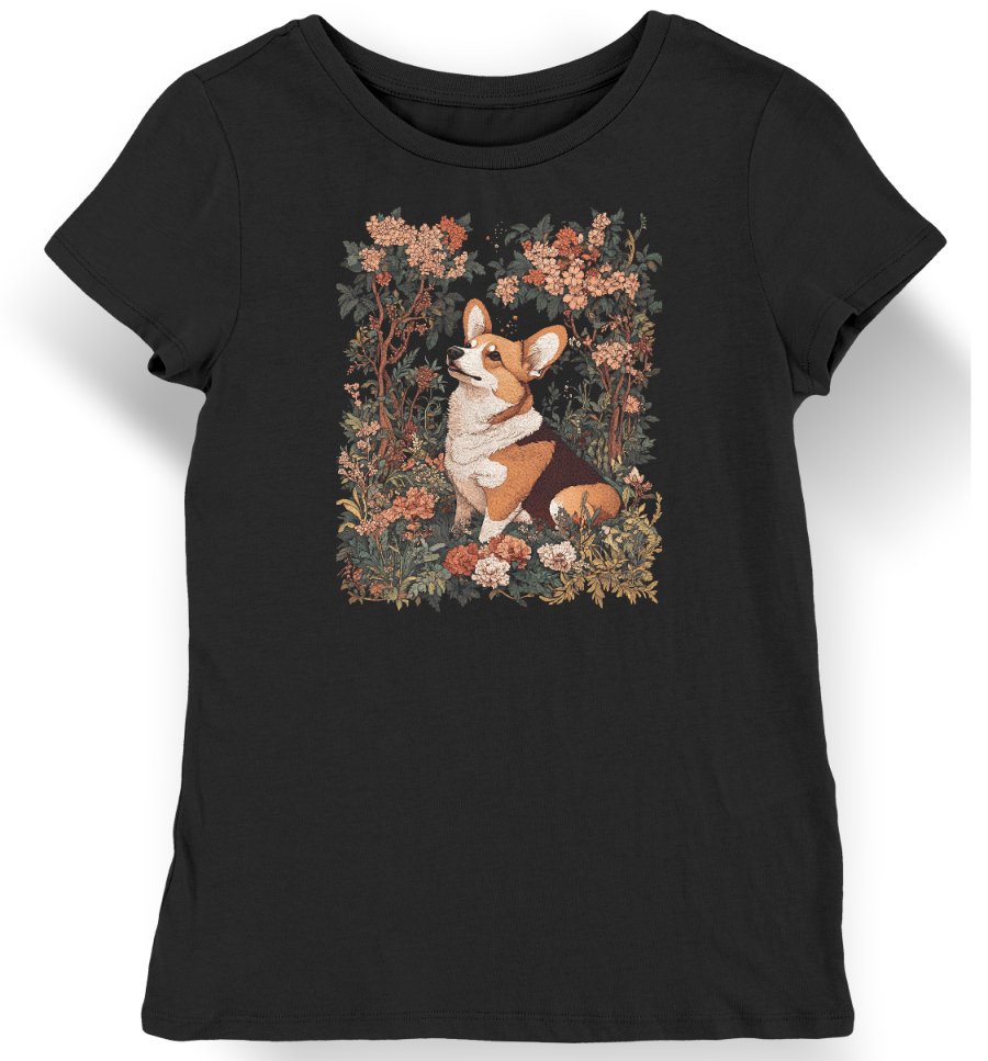 Koszulka damska vintage corgi z kwiatami czarna XL