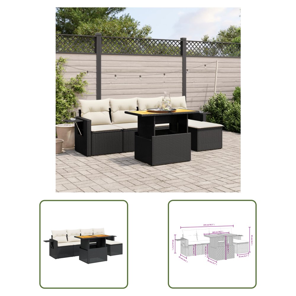 The Living Store 6-cz. zestaw mebli ogrodowych z poduszkami - czarny polirattan - Sofa Ogrodowa