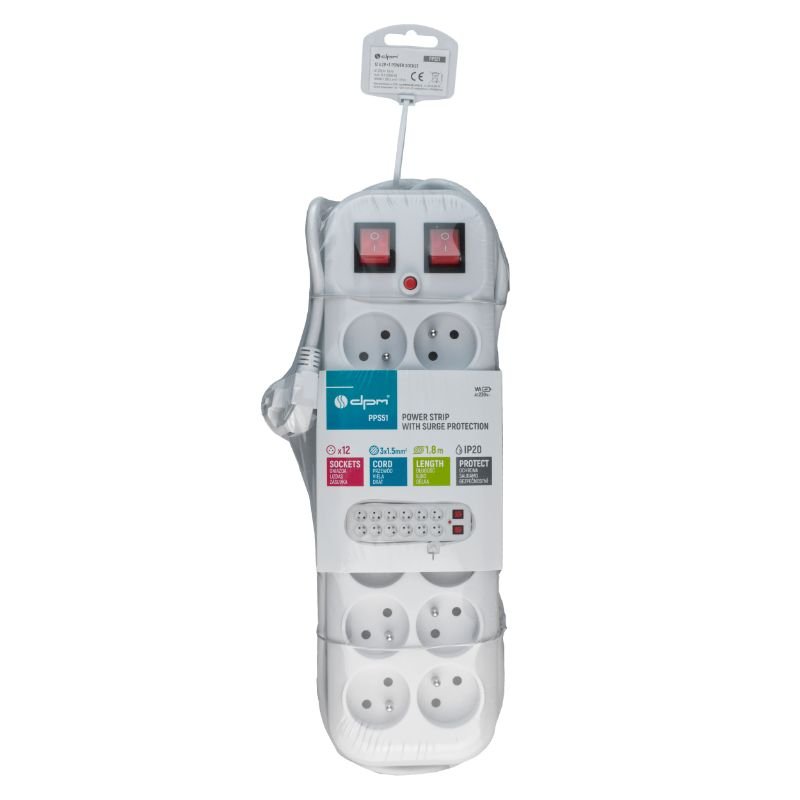 Przedłużacz elektryczny dwurzędowy 1,8m 12gn z.u.+2x wył. biały / PPS51 dpm