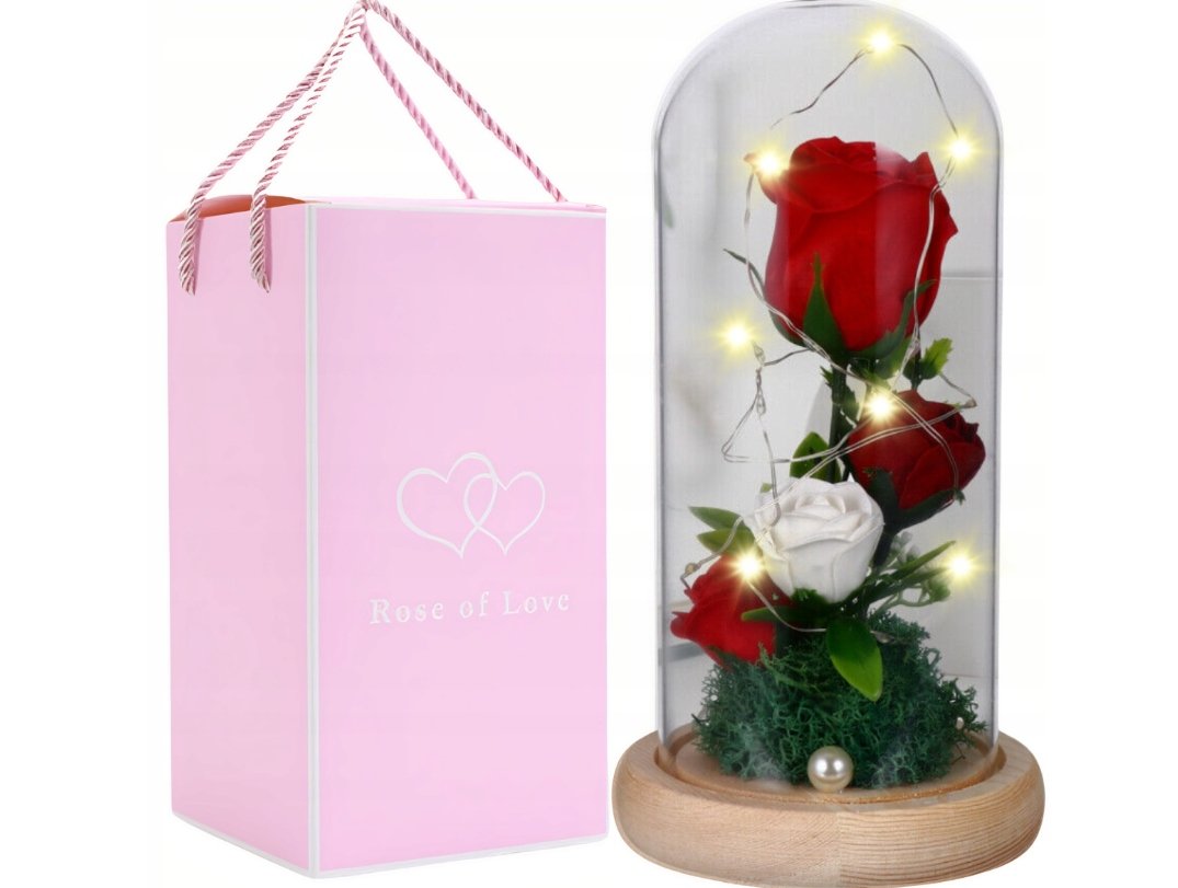 WIECZNA RÓŻA W SZKLE ŚWIECĄCA LED PUDEŁKO PREZENT NA WALENTYNKI DLA NIEJ