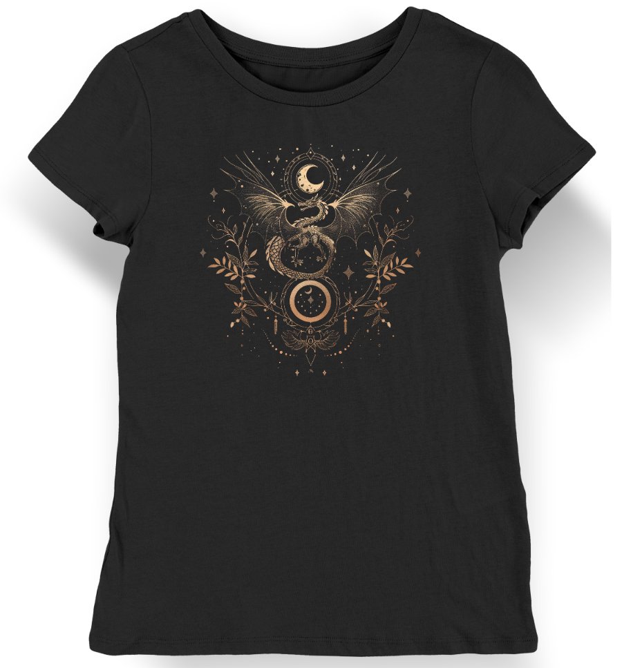 Koszulka damska vintage smok z kwiatami i księżycem czarna XS