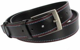Pasek Męski Skórzany PAS-MAX (PL) Skóra Licowa EXTRA 40 mm Czarny Z Czerwoną I Błękitną Nitką
