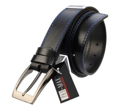 Pasek Męski Skórzany PAS-MAX (PL) Skóra Licowa EXTRA 40 mm Czarny Z Podwójną Niebieską Nitką