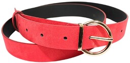 Pasek Damski Skórzany PolskaGalanteria.pl Skóra Licowa EXTRA 30 mm Zamszowy CZERWONY Klamra Bezniklowa Złota