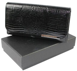Portfel Damski Skórzany Lakierowany GREGORIO Długi Z Suwakiem Lakierowany GF-110 CZARNY RFID 17 x 9 x 4 [cm]