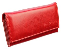 Portfel Damski PolskaGalanteria Długi Ze Złotą Klamrą Skóra Naturalna Czerwony KP D1602