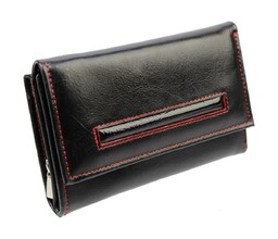 Portfel Damski PolskaGalanteria Z Wstawką 15 cm Suwak Skóra Naturalna CZARNY Z CZERWONĄ NITKĄ KP D1411-WST RFID