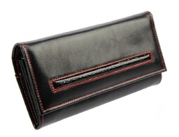 Portfel Damski PolskaGalanteria Z Wstawką Długi Max z Klamrą Skóra Naturalna CZARNY Z CZERWONĄ NITKĄ KP D18-WST