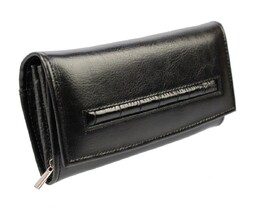 Portfel Damski PolskaGalanteria Z Wstawką Długi Suwak Skóra Naturalna CZARNY KP D402-WST