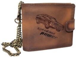 Portfel Męski Skóra Naturalna N992L Duży Poziomy Z Zapinką Dwa Skrzydełka I Łańcuszek BRĄZOWY RFID 12 x 9,5 x 3 [cm] ''AUTO''