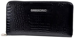 Portfel Damski Skóra Naturalna GREGORIO Duży Z Metalowym Suwakiem Piórnik Lakierowany GF-119 CZARNY RFID 19 x 10 x 2.5 [cm]