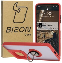 Bizon Etui z uchwytem na palec Case Hybrid Ring do Motorola Moto G75 5G, przydymione z czerwoną ramką