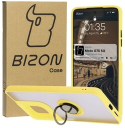 Bizon Etui z uchwytem na palec Case Hybrid Ring do Motorola Moto G75 5G, przydymione z żółtą ramką