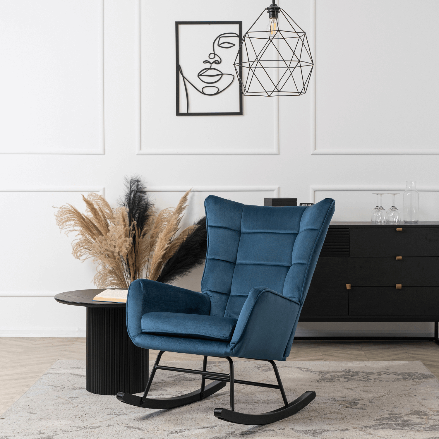 Fotel Bujany na Biegunach Uszak Wypoczynkowy JACKSON Granatowy Welurowy do Salonu Nowoczesny