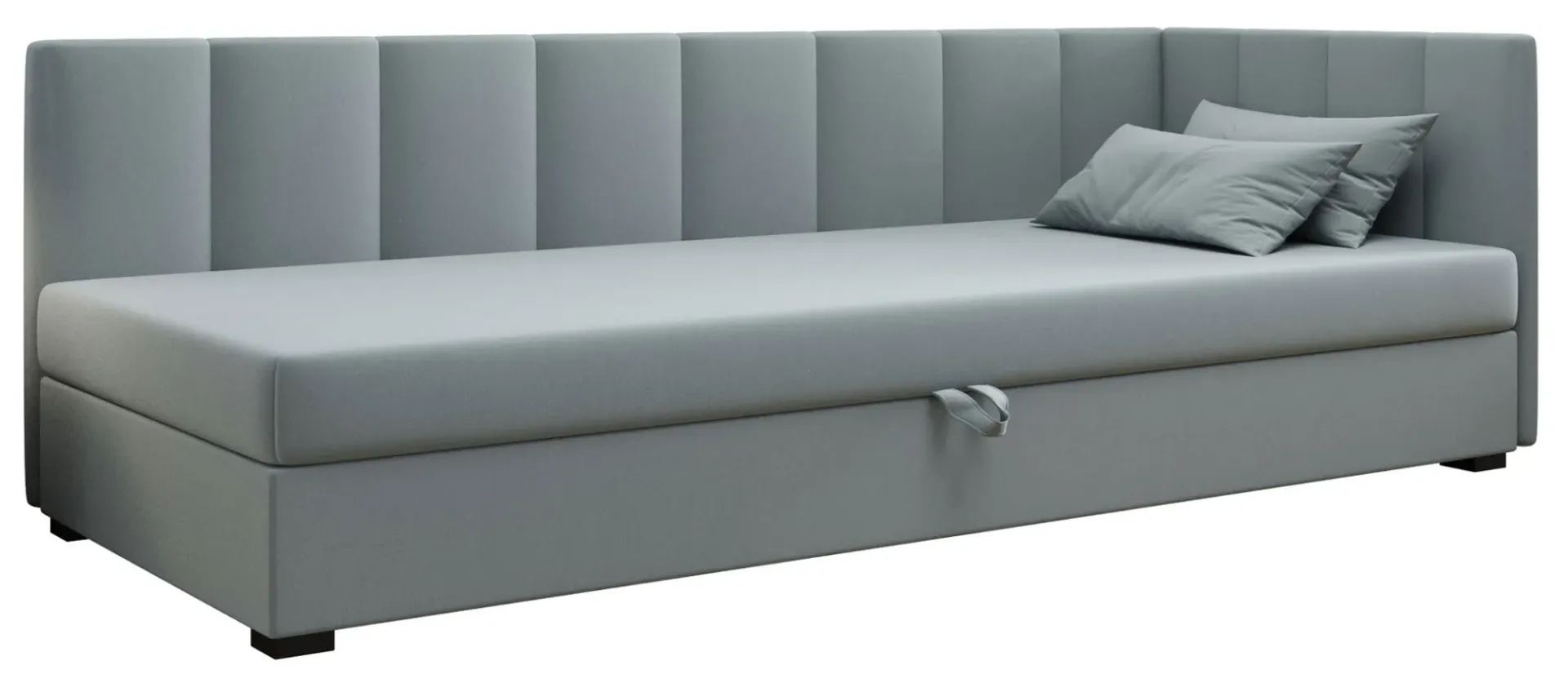 Błękitne łóżko narożne z pikowanym oparciem B4-R64