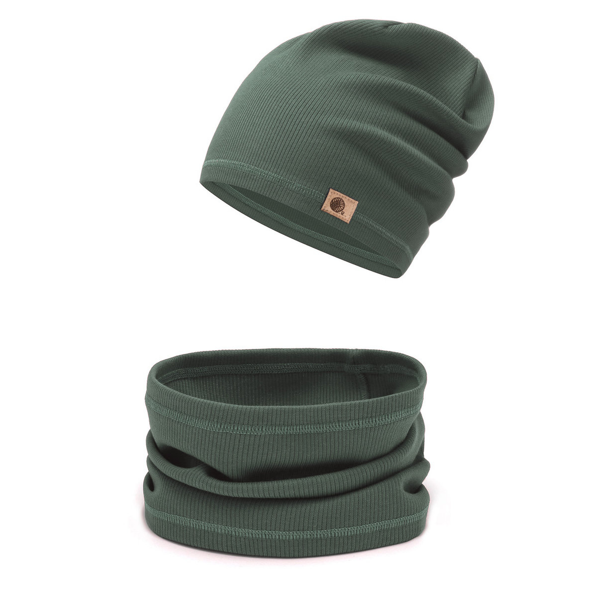 Komplet czapka i komin prążkowany, khaki 48-50
