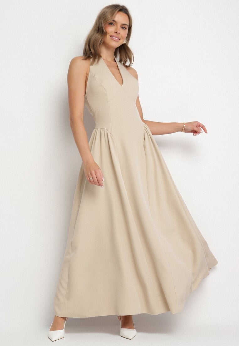 Beżowa Sukienka o Rozkloszowanym Kroju z Wiązanym Dekoltem Halter Senicea