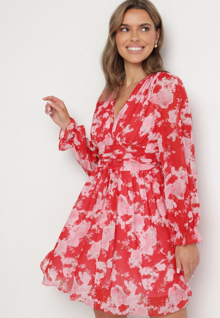 Czerwona Sukienka Rozkloszowana w Kwiaty Aclia