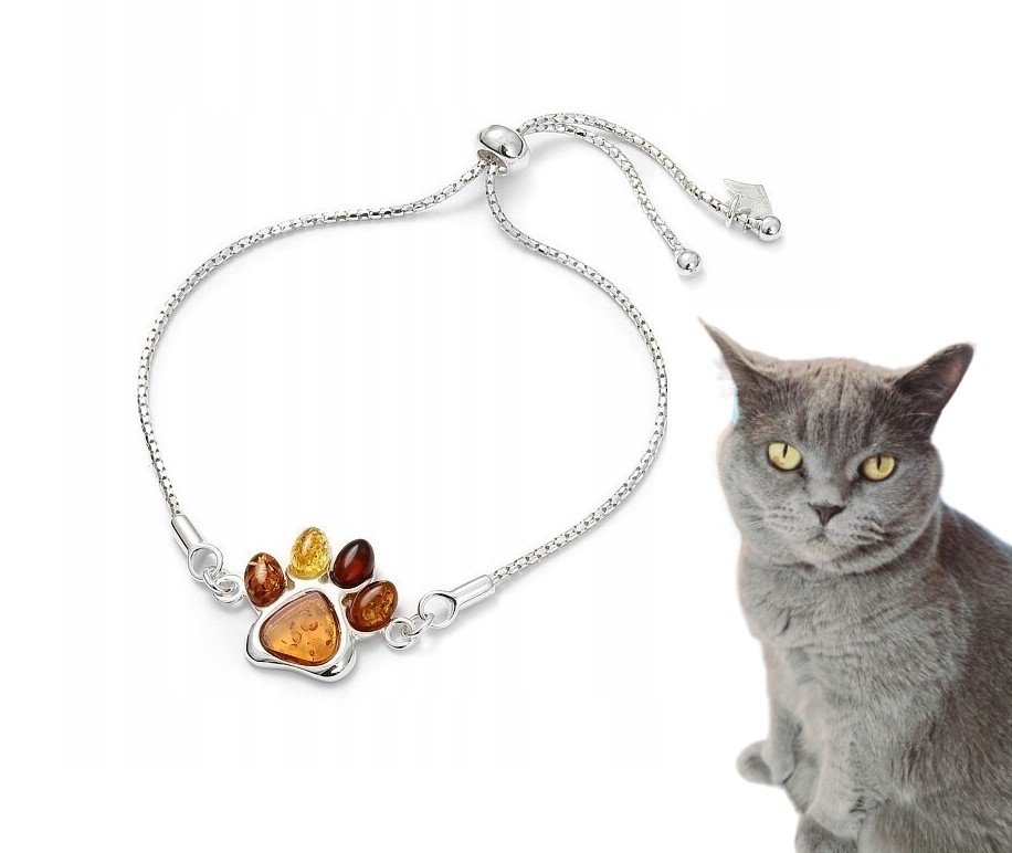 ankabizuteria.pl Bransolerka srebrna ŁAPKA z kolorowym bursztynem na