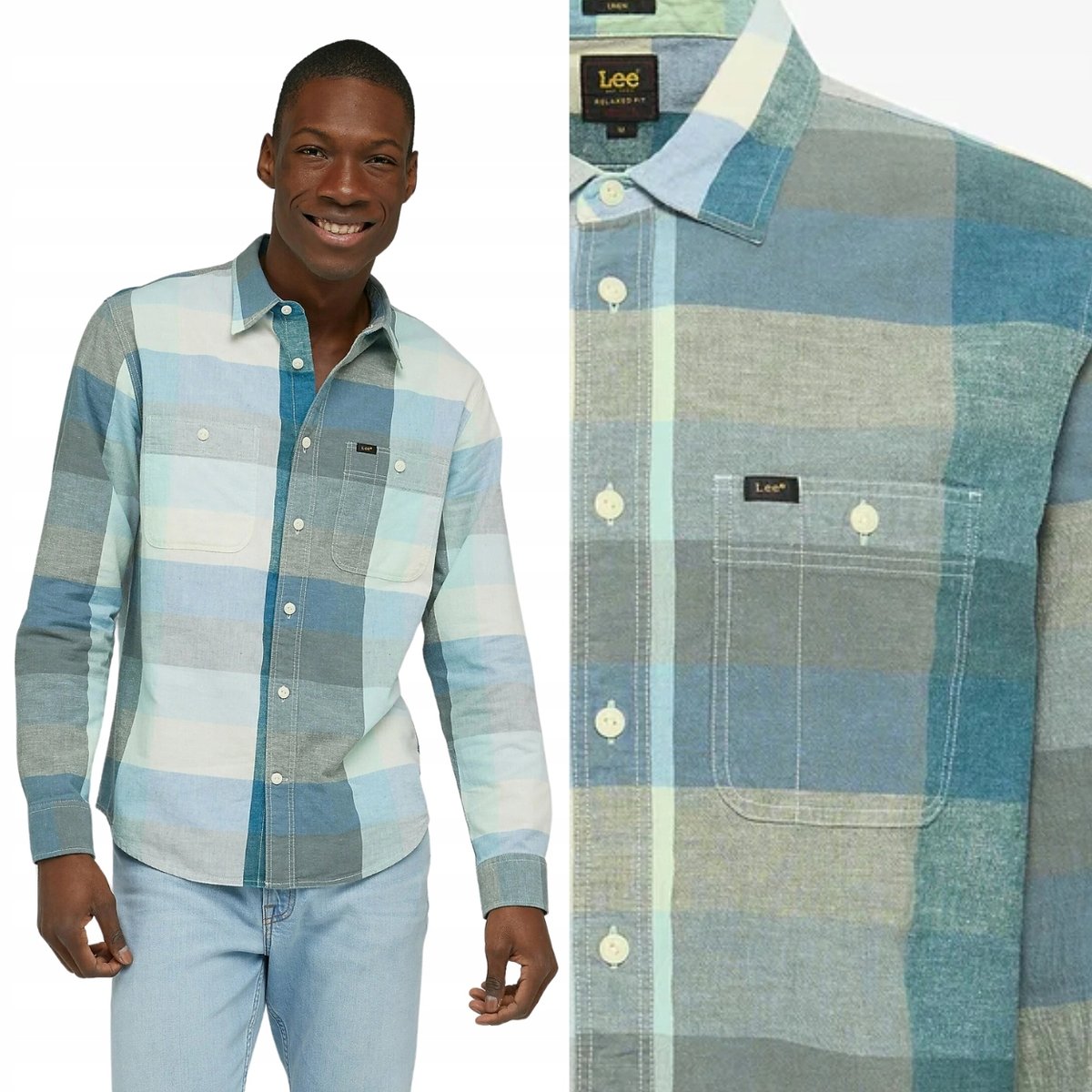 Lee WORKER SHIRT 2.0 Ecru LUŹNA KOSZULA W KRATĘ DODATEK LNU RELAXED M