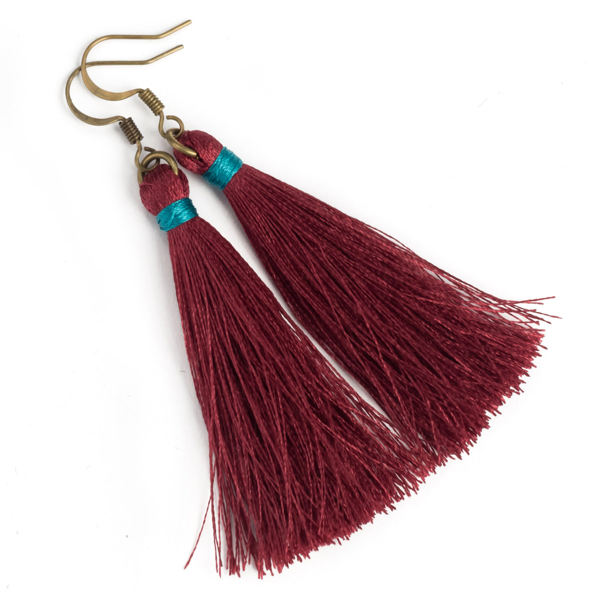 Kolczyki chwosty, frędzle bordowe z turkusem, boho chick, antyczny brąz / JG. Projekt