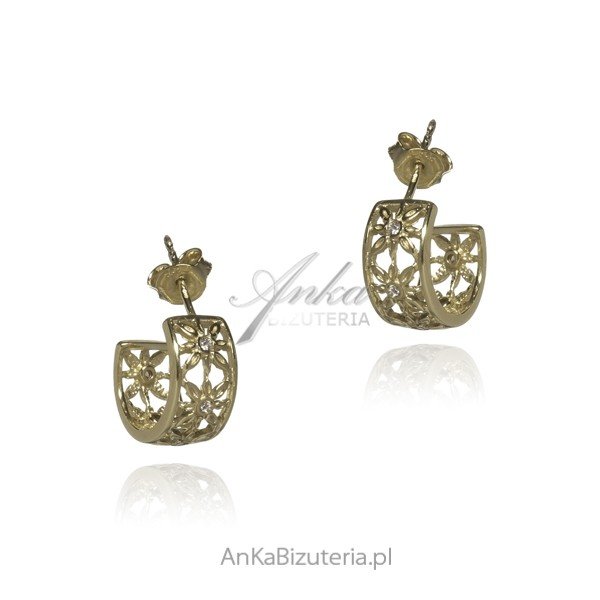 ankabizuteria.pl Kolczyki srebrne pozłacane ażurowe kwiatki z cyrkoni