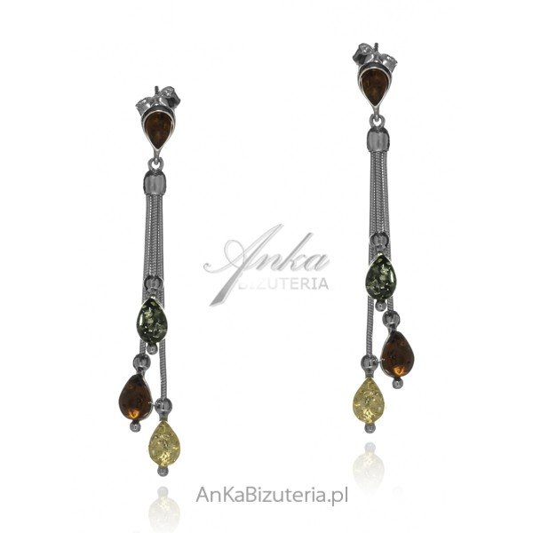 ankabizuteria.pl Kolczyki srebrne z kolorowym bursztynem wiszące