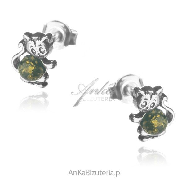 ankabizuteria.pl Kolczyki srebrne dziecięce KOTKI z bursztynem