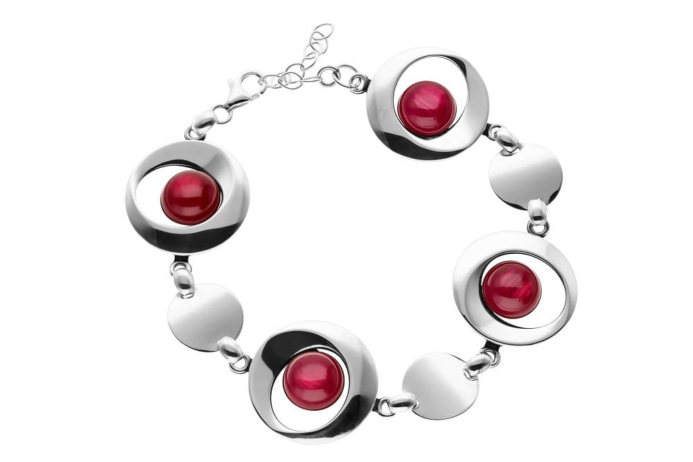 Srebrna bransoletka gładka z kamieniami w kolorze rubinu pr925