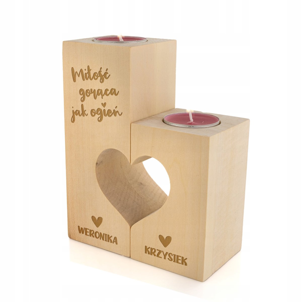 ŚWIECZNIK DREWNIANY KOMPLET + GRAWER na WALENTYNKI