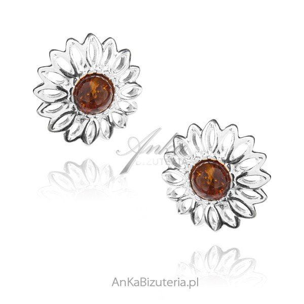 ankabizuteria.pl Kolczyki srebrne z koniakowym bursztynem KWIATKI