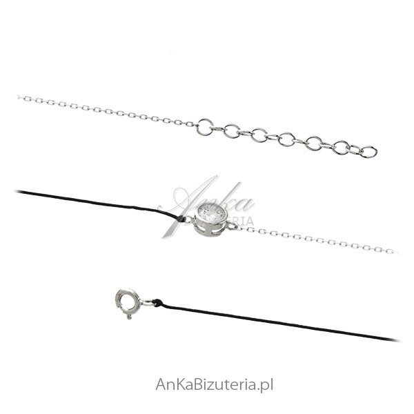 ankabizuteria.pl Bransoletka srebrna z cyrkonią i czarnym rzemykiem