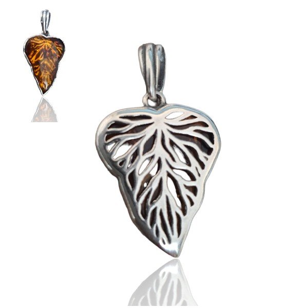 ankabizuteria.pl Srebrna zawieszka LISTEK z bursztynem